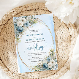 Dusty Blue Floral Greenery wedding invitation Kaart