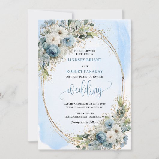 Dusty Blue Floral Greenery wedding invitation Kaart (Voorkant)