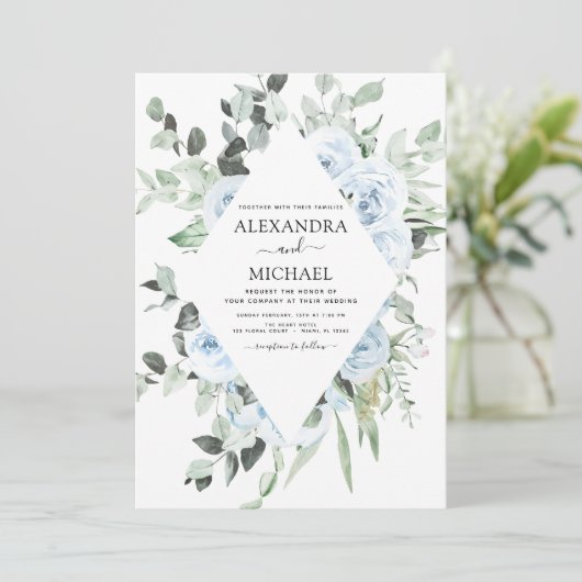 Dusty Blue Floral Greenery Wedding Kaart (Staand voorkant)
