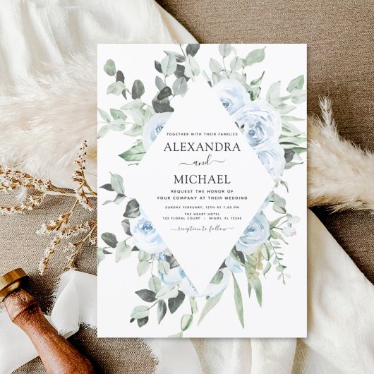Dusty Blue Floral Greenery Wedding Kaart