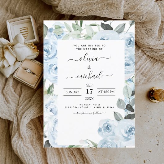 Dusty Blue Floral Greenery Wedding Kaart