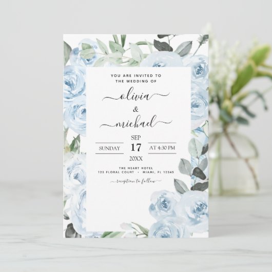 Dusty Blue Floral Greenery Wedding Kaart (Staand voorkant)