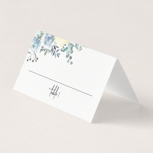 Dusty Blue Floral Greenery Wedding Place Card Kaart (Voorkant)