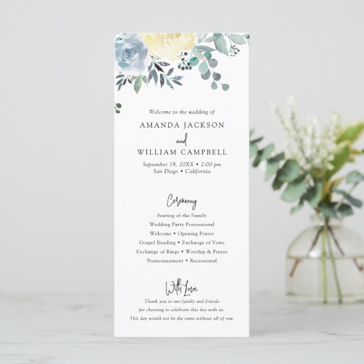 Dusty Blue Floral Greenery Wedding Programme (Staand voorkant)