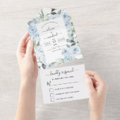 Dusty Blue Floral Greenery Wedding RSVP All In One Uitnodiging (Afscheurbaar)