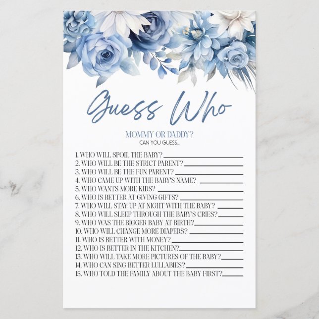 Dusty Blue Floral Guess Who Baby shower spel (Voorkant)