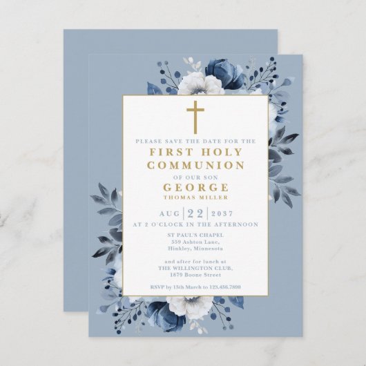 Dusty Blue Floral Heilige Communie Bewaar de datum Briefkaart (Voorkant / Achterkant)