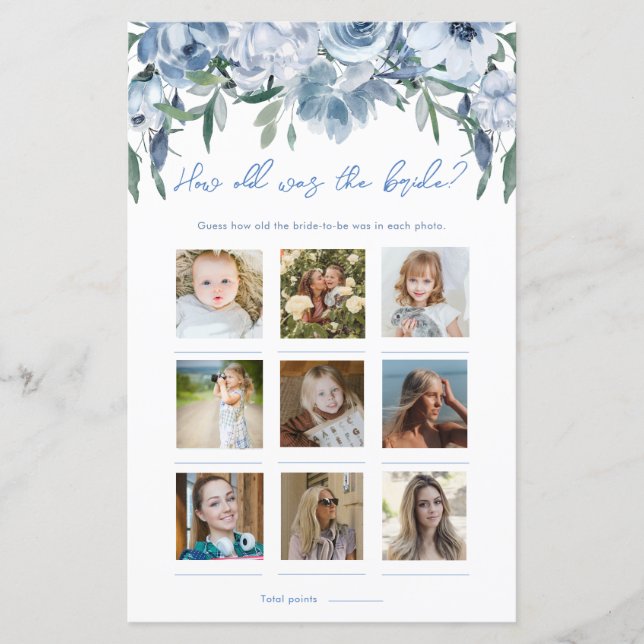 Dusty Blue Floral Hoe oud was het bruid fotospel (Voorkant)