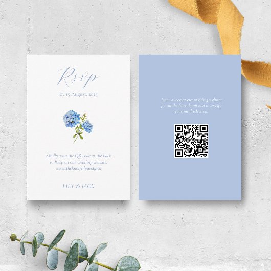Dusty Blue Floral Hydrangea bruiloft RSVP Informatiekaartje
