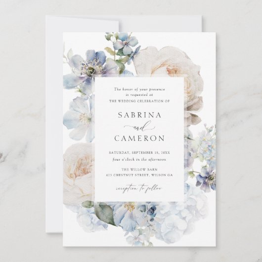 Dusty Blue Floral Hydrangea Rozen Wedding Kaart (Voorkant)