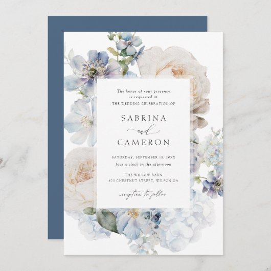 Dusty Blue Floral Hydrangea Rozen Wedding Kaart (Voorkant / Achterkant)