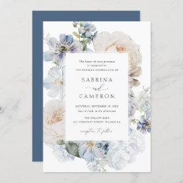 Dusty Blue Floral Hydrangea Rozen Wedding Kaart
