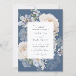 Dusty Blue Floral Hydrangea Rozen Wedding Kaart