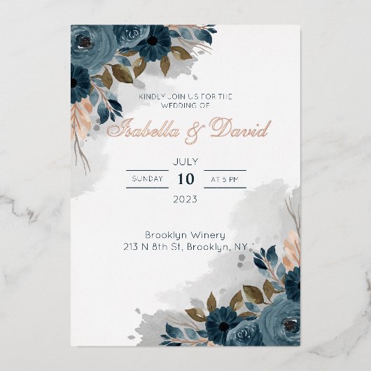 Dusty Blue Floral I Folie Wedding Invitation Folie Uitnodiging (Voorkant)