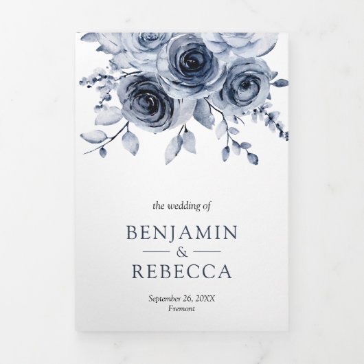 Dusty Blue Floral in één QR-code bruiloft Drieluik Uitnodiging (Cover)