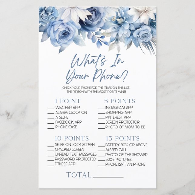 Dusty Blue Floral in je telefoon Baby shower spel (Voorkant)