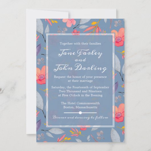 Dusty Blue Floral Invitation Kaart (Voorkant)
