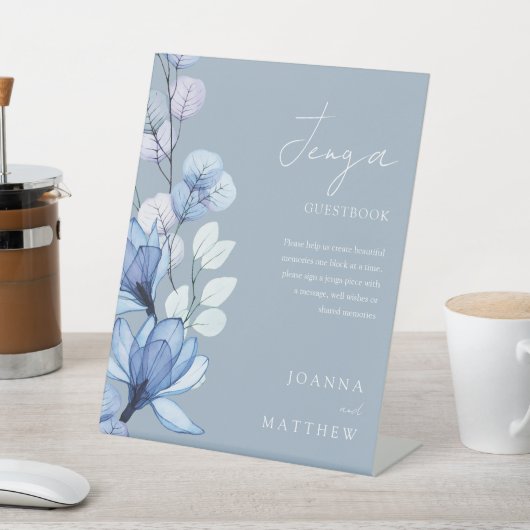 Dusty Blue Floral Jenga Wedding Guestbook Reclamebord Met Voetstuk (Insitu)