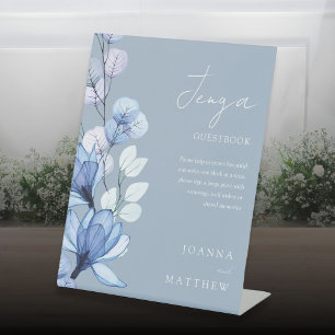 Dusty Blue Floral Jenga Wedding Guestbook Reclamebord Met Voetstuk