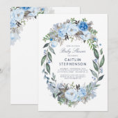 Dusty Blue Floral krans Elegant Baby shower Kaart (Voorkant / Achterkant)