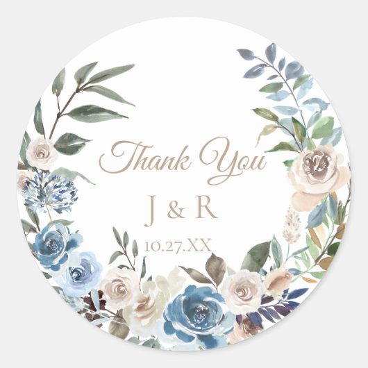 Dusty Blue Floral krans gepersonaliseerde bruiloft Ronde Sticker (Voorkant)