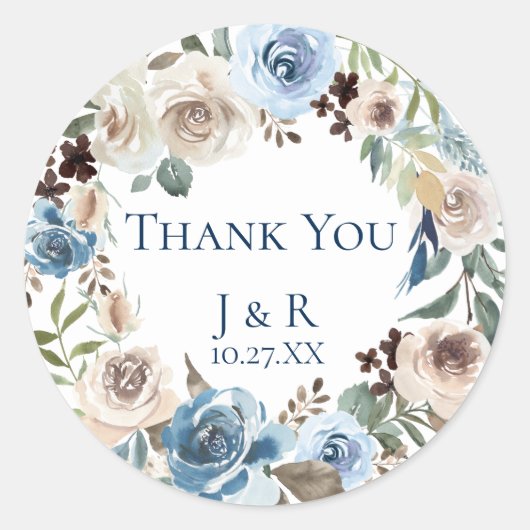 Dusty Blue Floral krans gepersonaliseerde gunst Ronde Sticker (Voorkant)