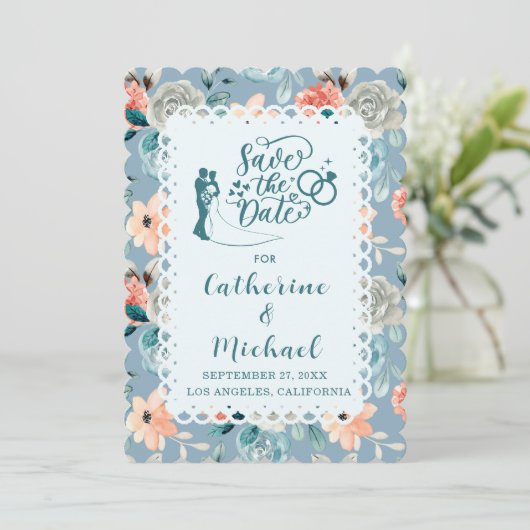 Dusty Blue Floral Lace | Decoratieve kalligrafie Kaart (Staand voorkant)
