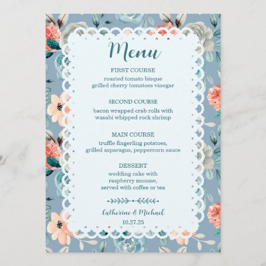 Dusty Blue Floral Lace | Decoratieve kalligrafie Menu (Voorkant)