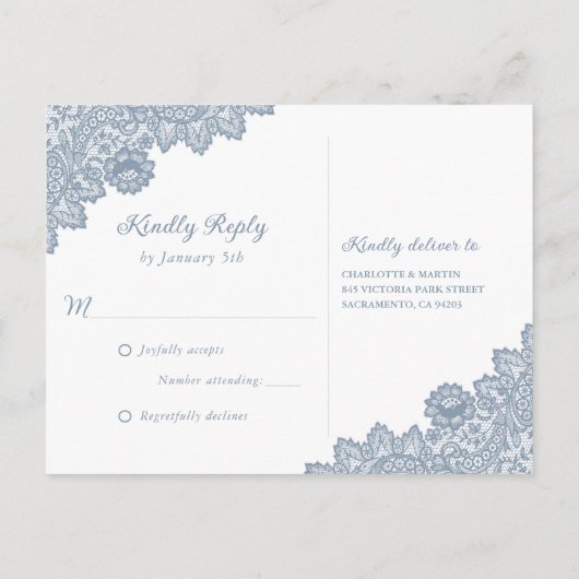 Dusty Blue Floral Lace Rustic Wedding RSVP Uitnodiging Briefkaart (Achterkant)