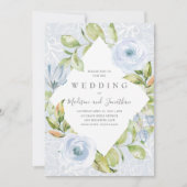 Dusty Blue Floral Lace Wedding Invitation Kaart (Voorkant)
