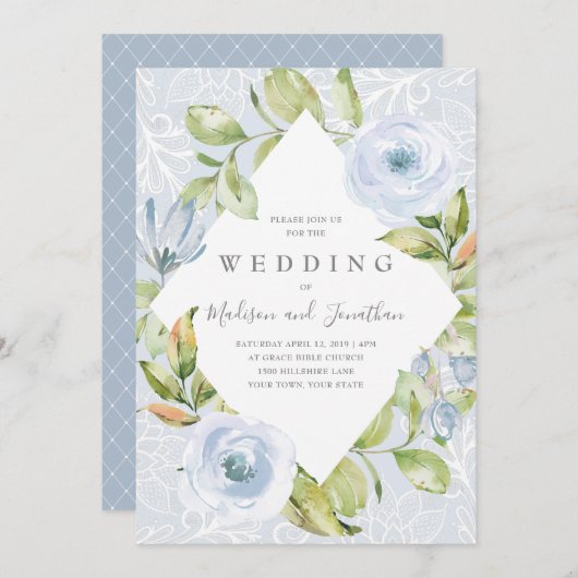 Dusty Blue Floral Lace Wedding Invitation Kaart (Voorkant / Achterkant)