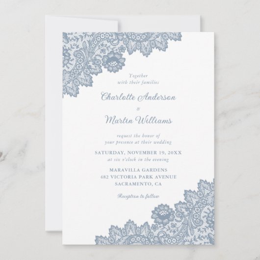 Dusty Blue  Floral Lace Wedding Invitations Kaart (Voorkant)