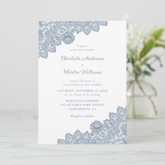 Dusty Blue  Floral Lace Wedding Invitations Kaart (Staand voorkant)