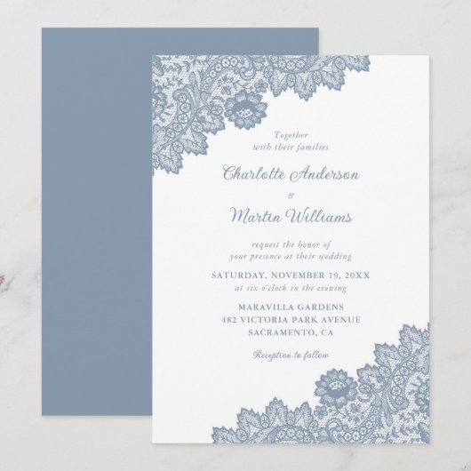 Dusty Blue  Floral Lace Wedding Invitations Kaart (Voorkant / Achterkant)