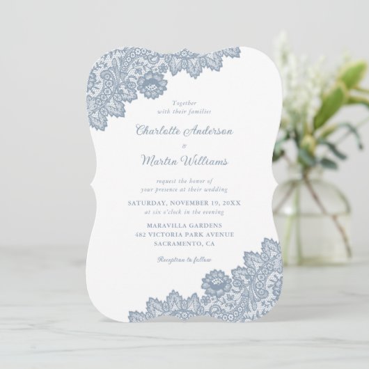 Dusty Blue  Floral Lace Wedding Invitations Kaart (Staand voorkant)