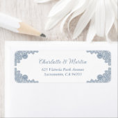 Dusty Blue Floral Lace Wedding Retouradres Etiket (Insitu)