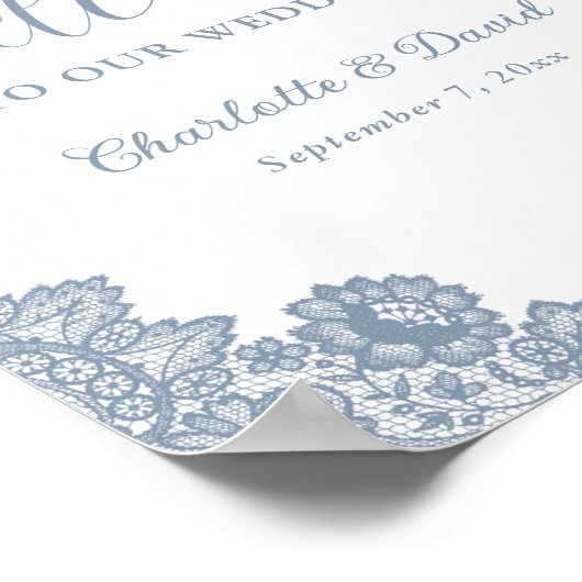 Dusty Blue Floral Lace Wedding Welkomstbord Poster (Hoek)