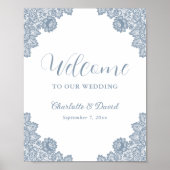 Dusty Blue Floral Lace Wedding Welkomstbord Poster (Voorkant)