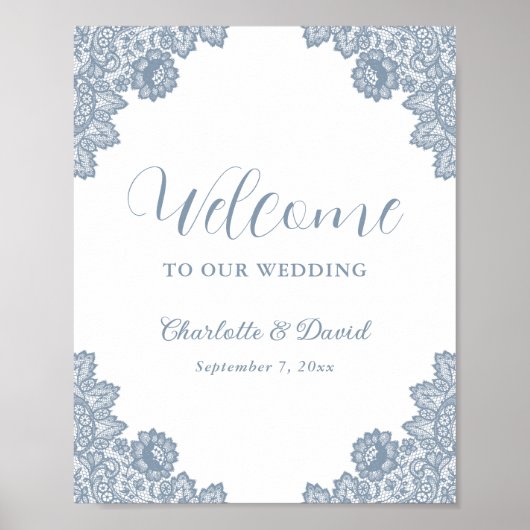 Dusty Blue Floral Lace Wedding Welkomstbord Poster (Voorkant)