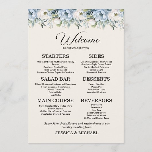 Dusty Blue Floral Land Bruiloft Receptie Menu (Voorkant)