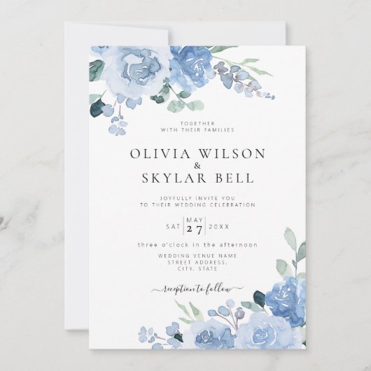 Dusty Blue Floral Light Botanical Wedding Kaart (Voorkant)