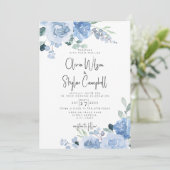 Dusty Blue Floral Light QR Code All in One Wedding Kaart (Staand voorkant)