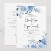 Dusty Blue Floral Light QR Code All in One Wedding Kaart (Voorkant / Achterkant)