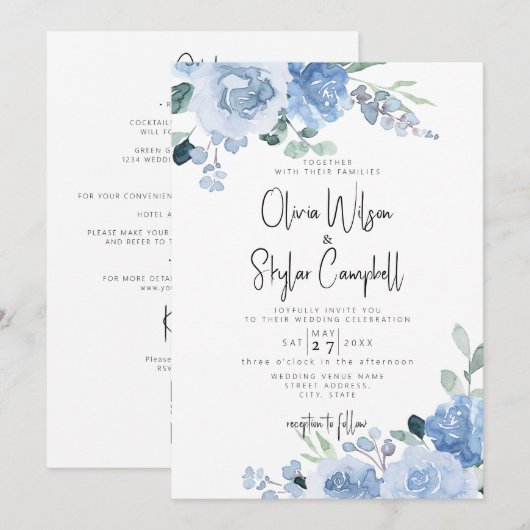 Dusty Blue Floral Light QR Code All in One Wedding Kaart (Voorkant / Achterkant)