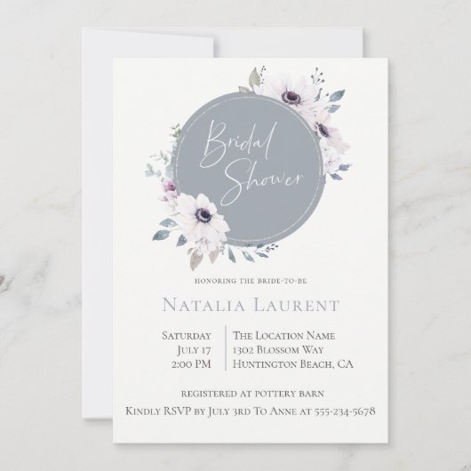 Dusty Blue Floral Lijst bruids doucheuitnodiging Kaart (Voorkant)