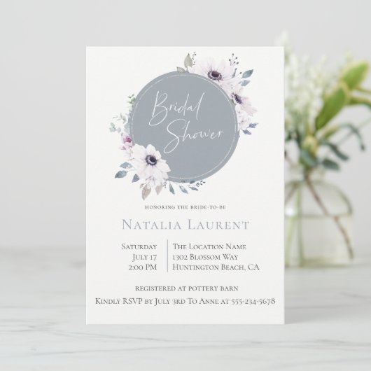 Dusty Blue Floral Lijst bruids doucheuitnodiging Kaart (Staand voorkant)