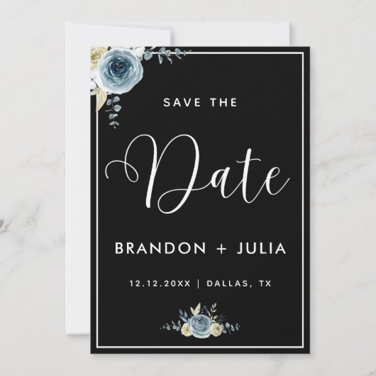 Dusty Blue Floral Lijst Modern Elegant Black White Save The Date (Voorkant)