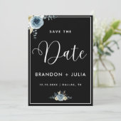 Dusty Blue Floral Lijst Modern Elegant Black White Save The Date (Staand voorkant)