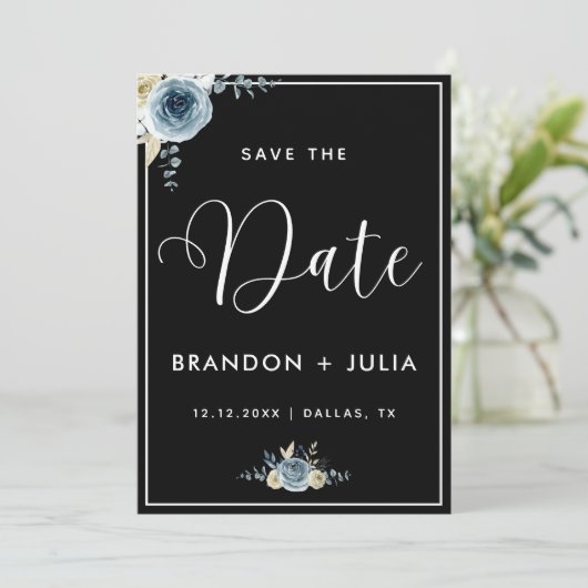 Dusty Blue Floral Lijst Modern Elegant Black White Save The Date (Staand voorkant)
