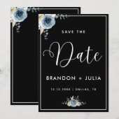Dusty Blue Floral Lijst Modern Elegant Black White Save The Date (Voorkant / Achterkant)